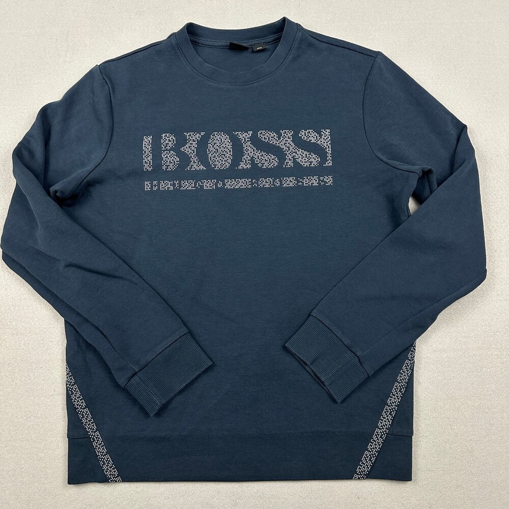 Hugo Boss Sweater Men Small Blue Solid Spell Out Crewneck Pullover Sweatshirt S